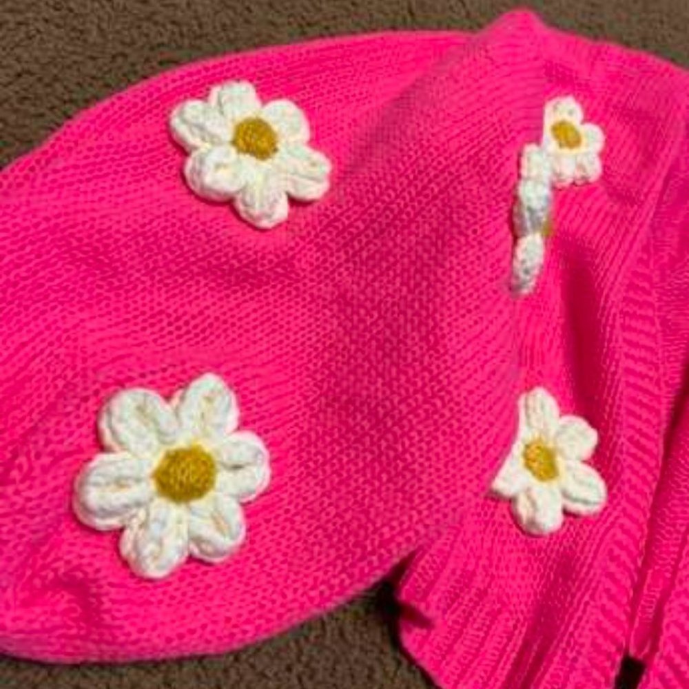 Hot Pink Floral Bishop Sleeved Sweater Cardigan - Picture 5 of 8